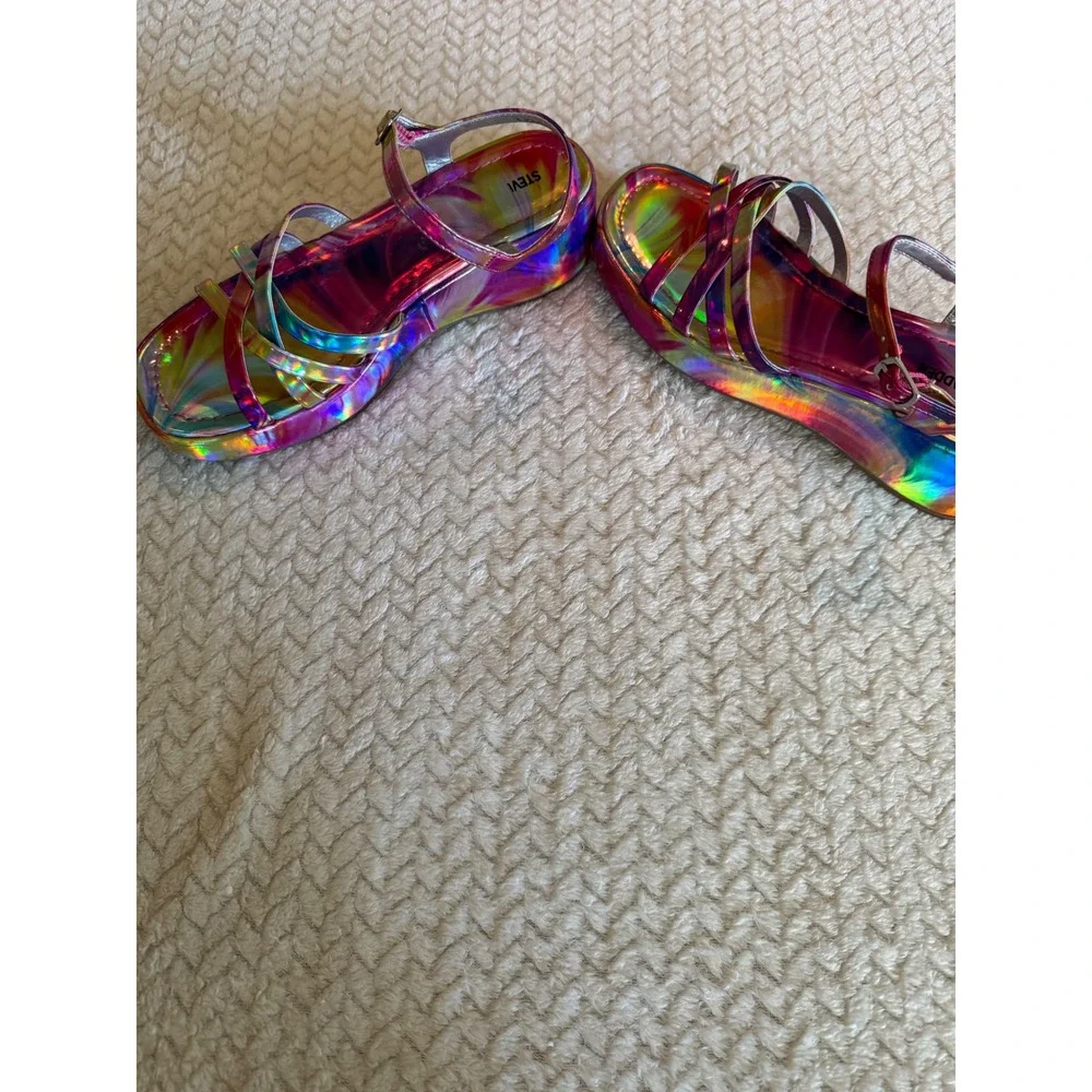 Steve Madden JORAZY Holographic Rainbow Platform Sandals Multi Strap Wedge 5